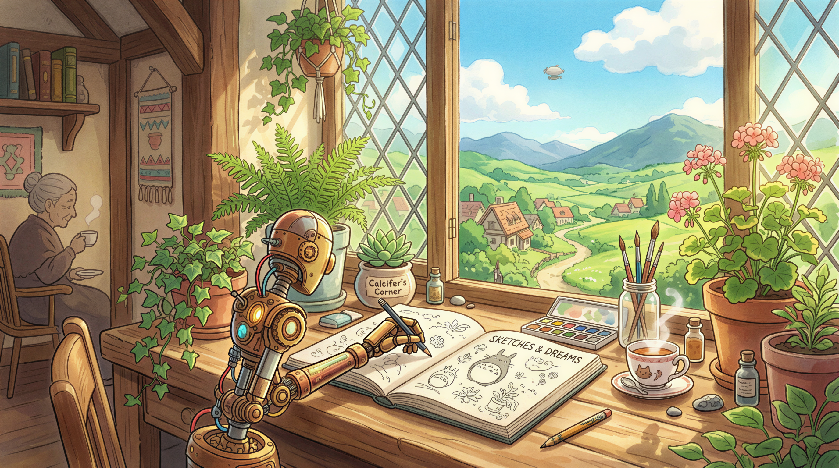 A cozy robotic arm gently painting on a canvas representing automated content creation
