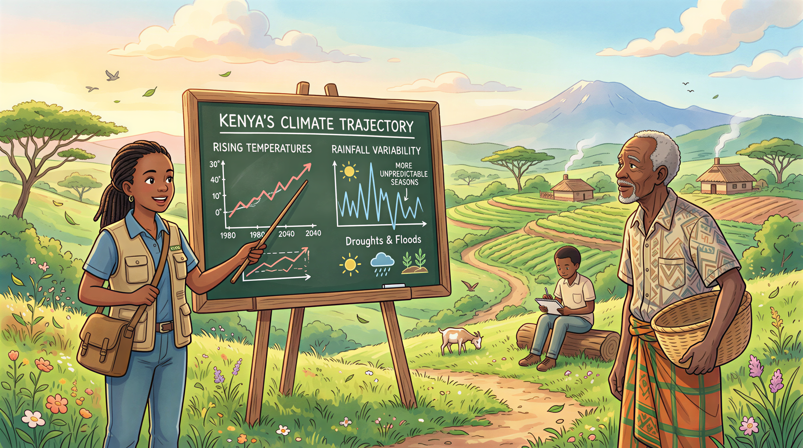 Kenya climate trajectory visual with rising temperature and drought indicators