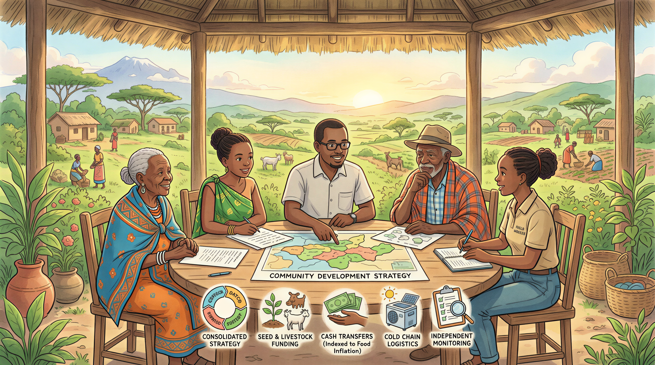 Real adaptation interventions in Kenya depicted in a hopeful Studio Ghibli scene