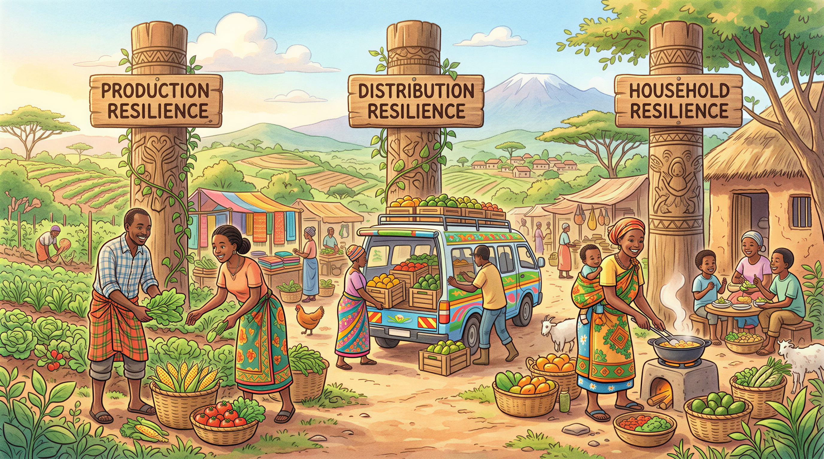 Three pillars representing production, distribution, and household resilience in Kenya