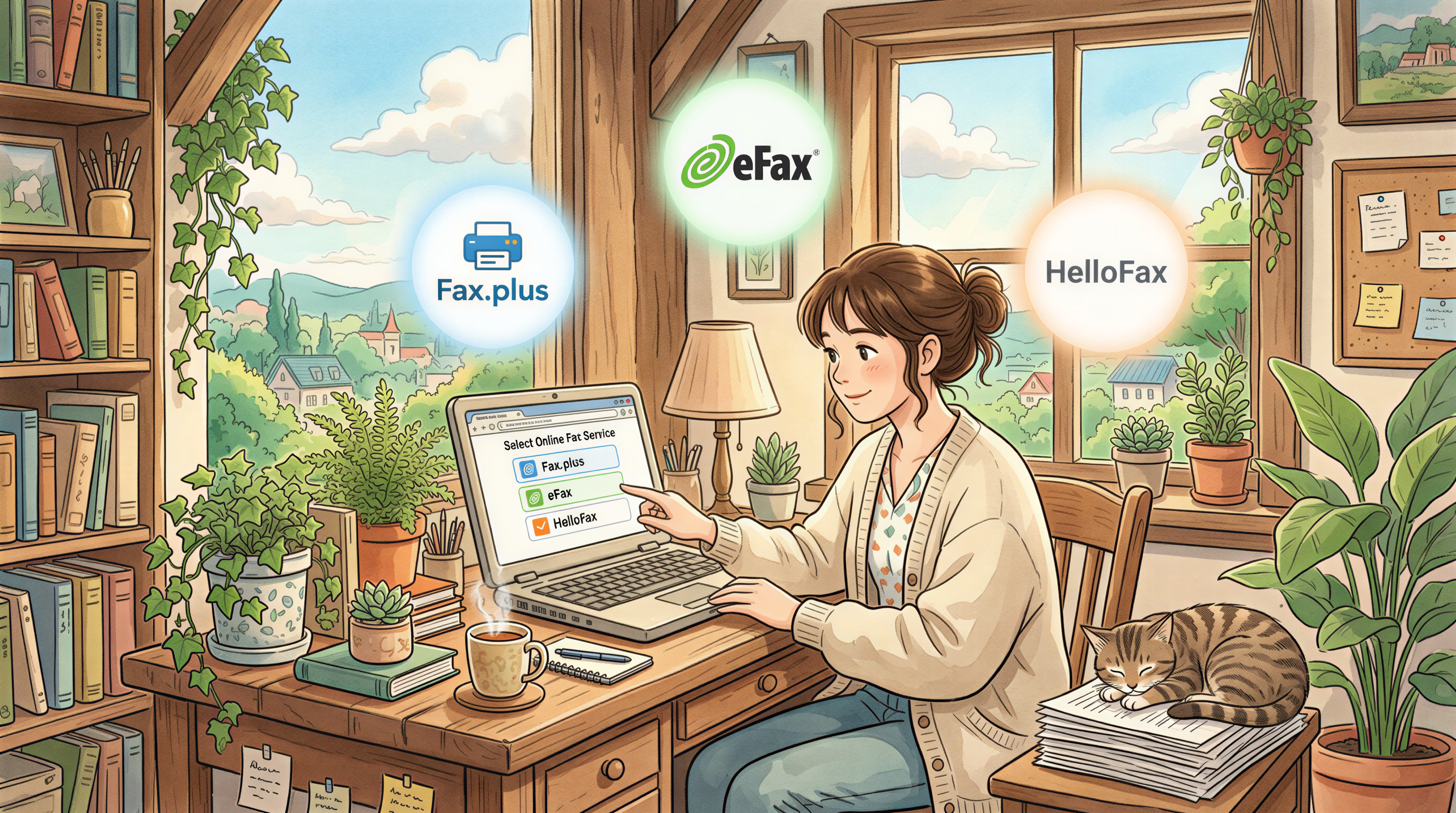 Choosing an online fax service on a laptop in a home office