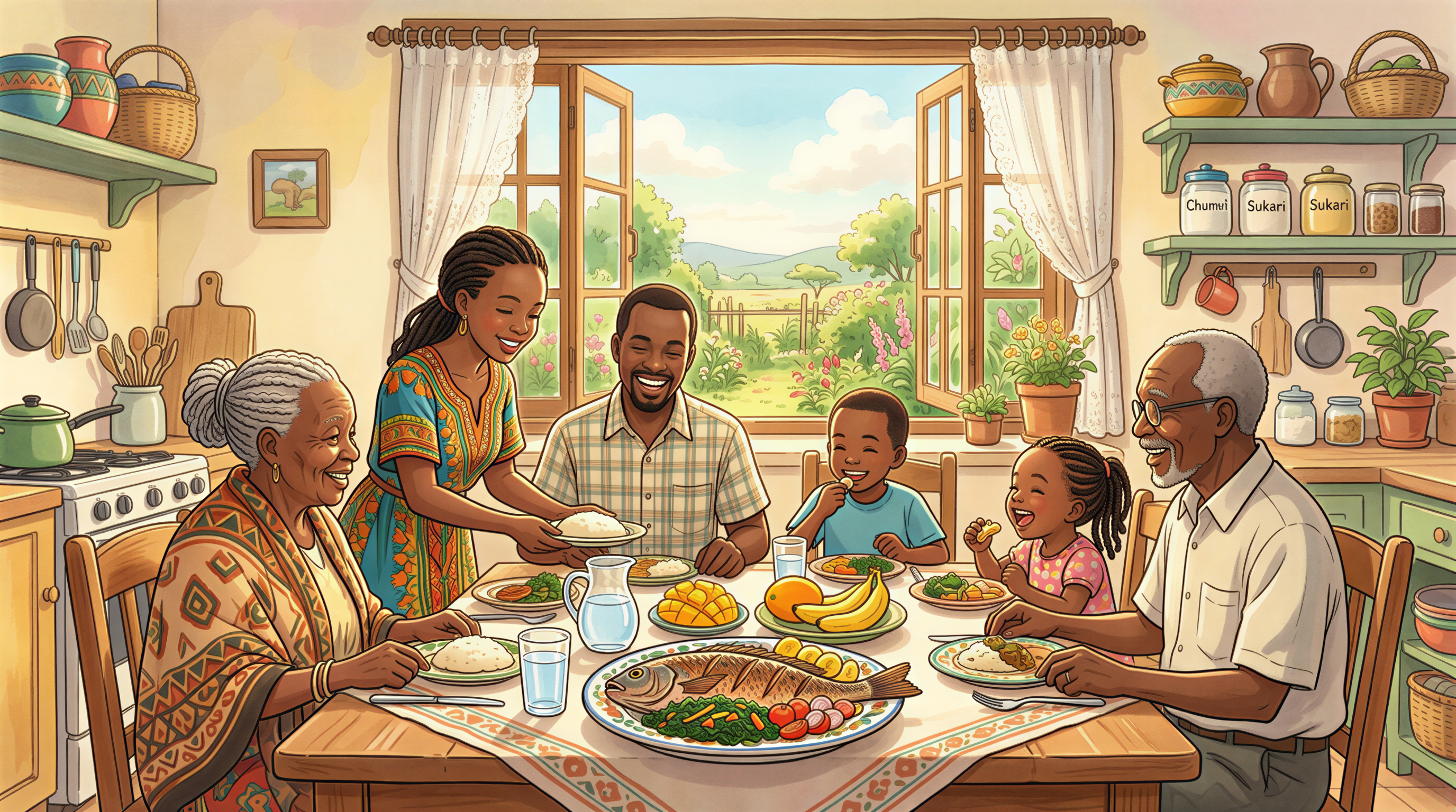 Balanced plate with protein, vegetables, fruits and water in a Kenyan home