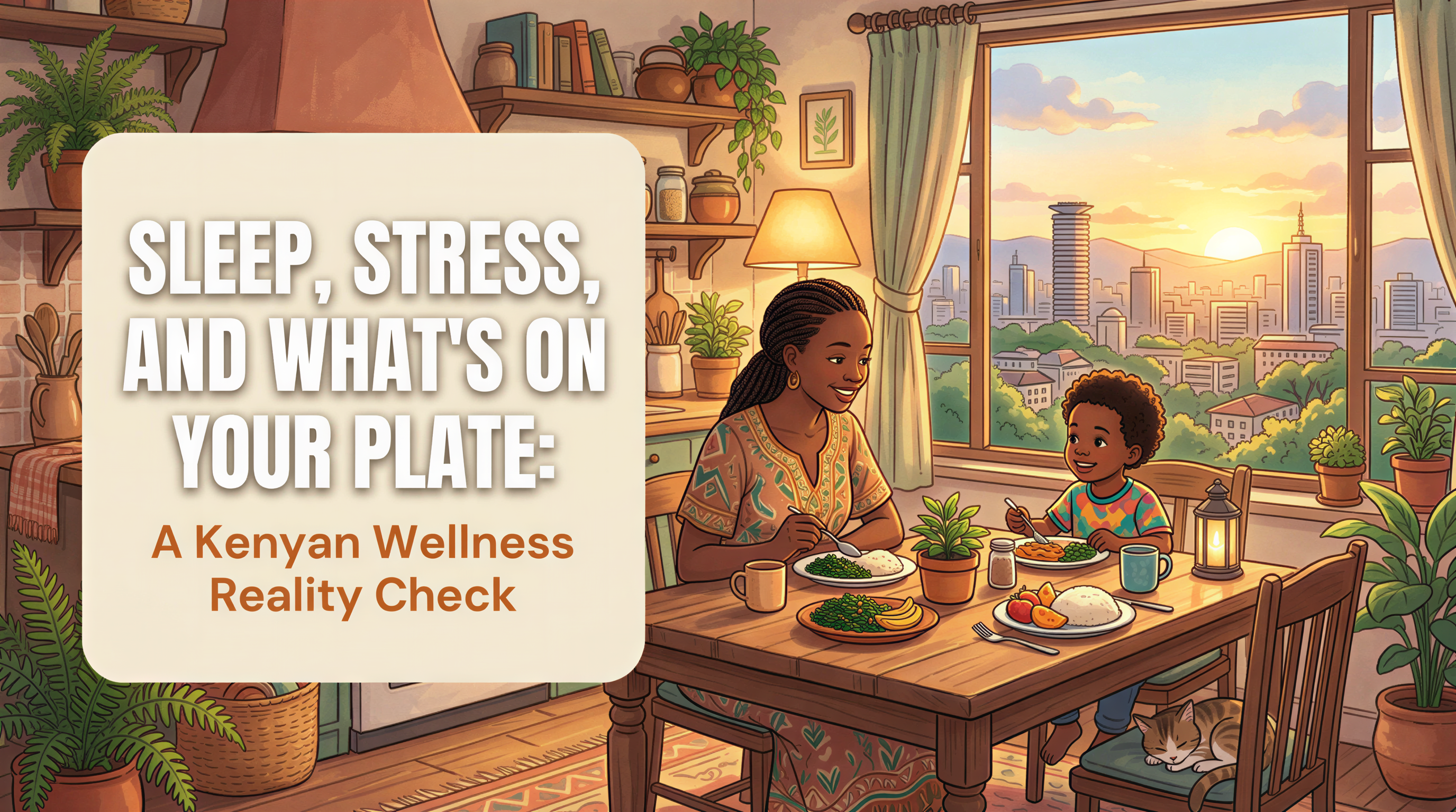 Kenyan wellness reality banner with sleep, stress, and plate themes