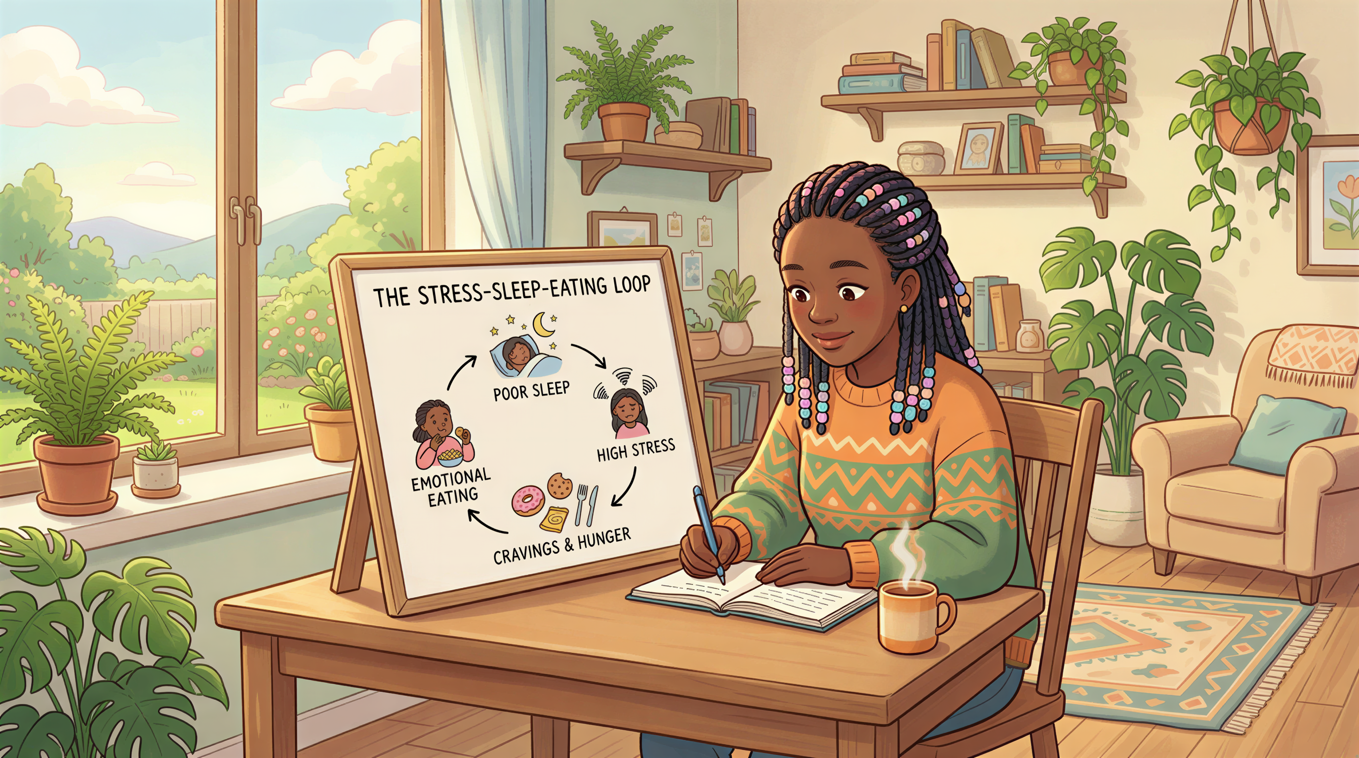 Kenyan adult visualizing a sleep-stress-eating loop in a cozy Nairobi living room