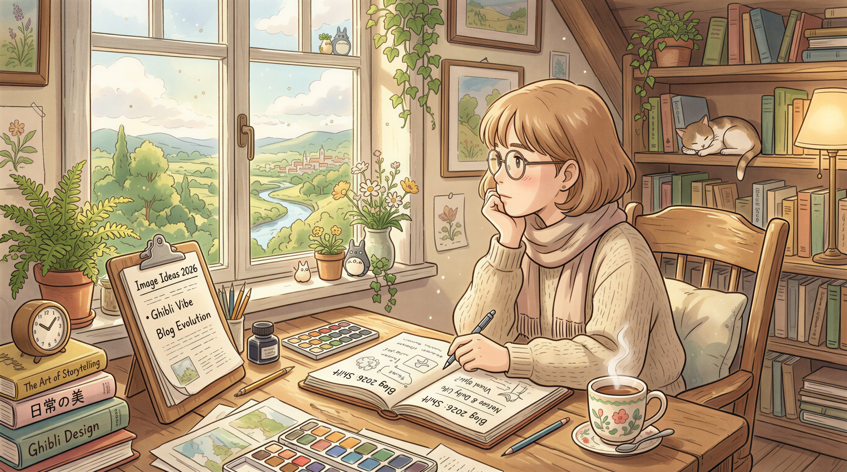 Ghibli-inspired desk scene discussing 2026 shift in blog images with warm tones
