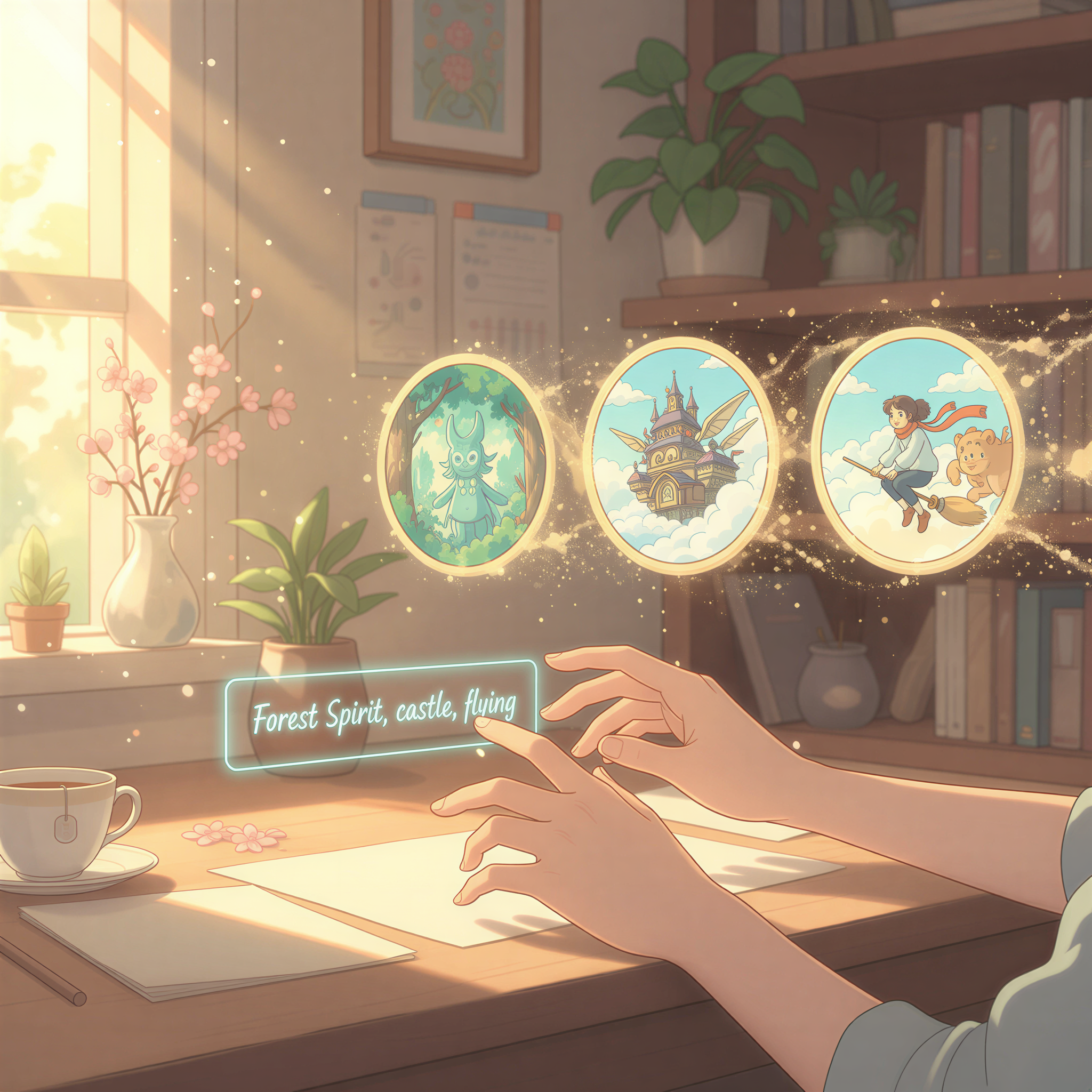 Studio Ghibli aesthetic illustration depicting automation and speed. A pair of kind, gentle hands is quickly typing a short prompt into a small, glowing, whimsical text box floating above a desk. Directly next to this input box, a perfectly tailored series of cohesive Ghibli illustrations (pastel colors) are swiftly appearing as if by magic, without any visible effort or complex tools nearby. Soft light, focus on flow and ease, symbolizing the '3-minute workflow'.