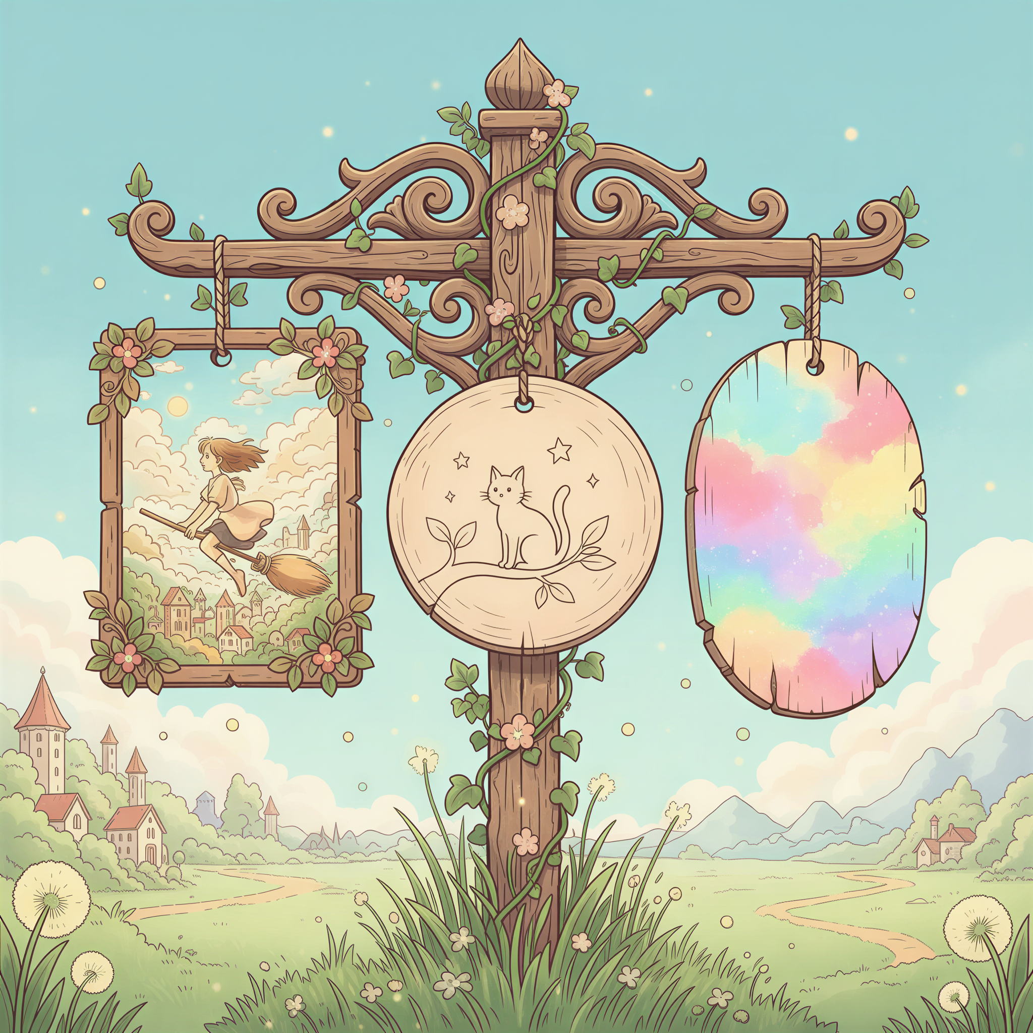 Studio Ghibli aesthetic illustration. A hand-drawn signpost or three distinct stylized wooden plaques hanging side-by-side under a gentle blue sky. Each plaque shows an example of a visual style: 1) A warm, detailed, character-focused drawing (Ghibli). 2) A very simple, clean black line drawing. 3) A composition made only of vibrant, overlapping pastel gradients. The overall mood is decision-making but peaceful. Focus on texture and light to make the styles distinct yet charming.