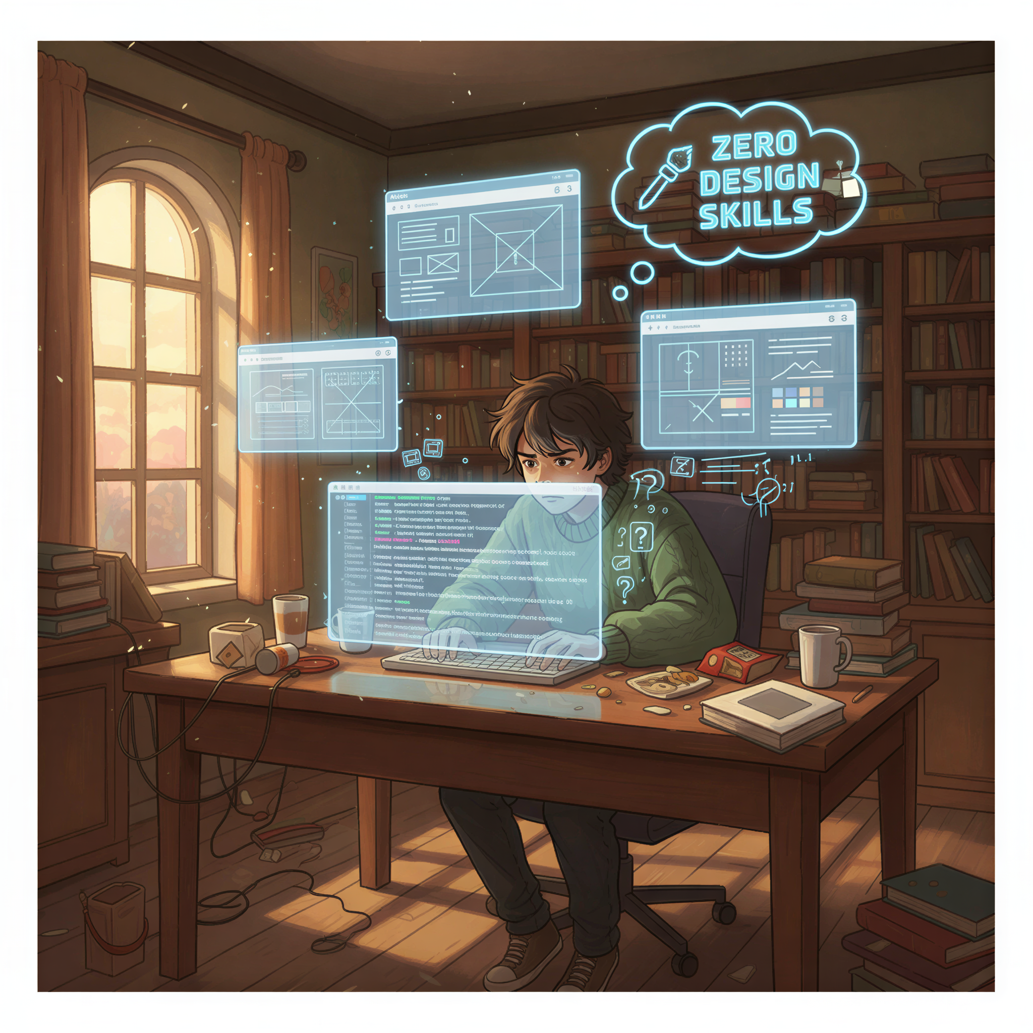 A stressed indie hacker sits overwhelmed at a desk filled with glowing computer screens showing code and support tickets, Studio Ghibli style.