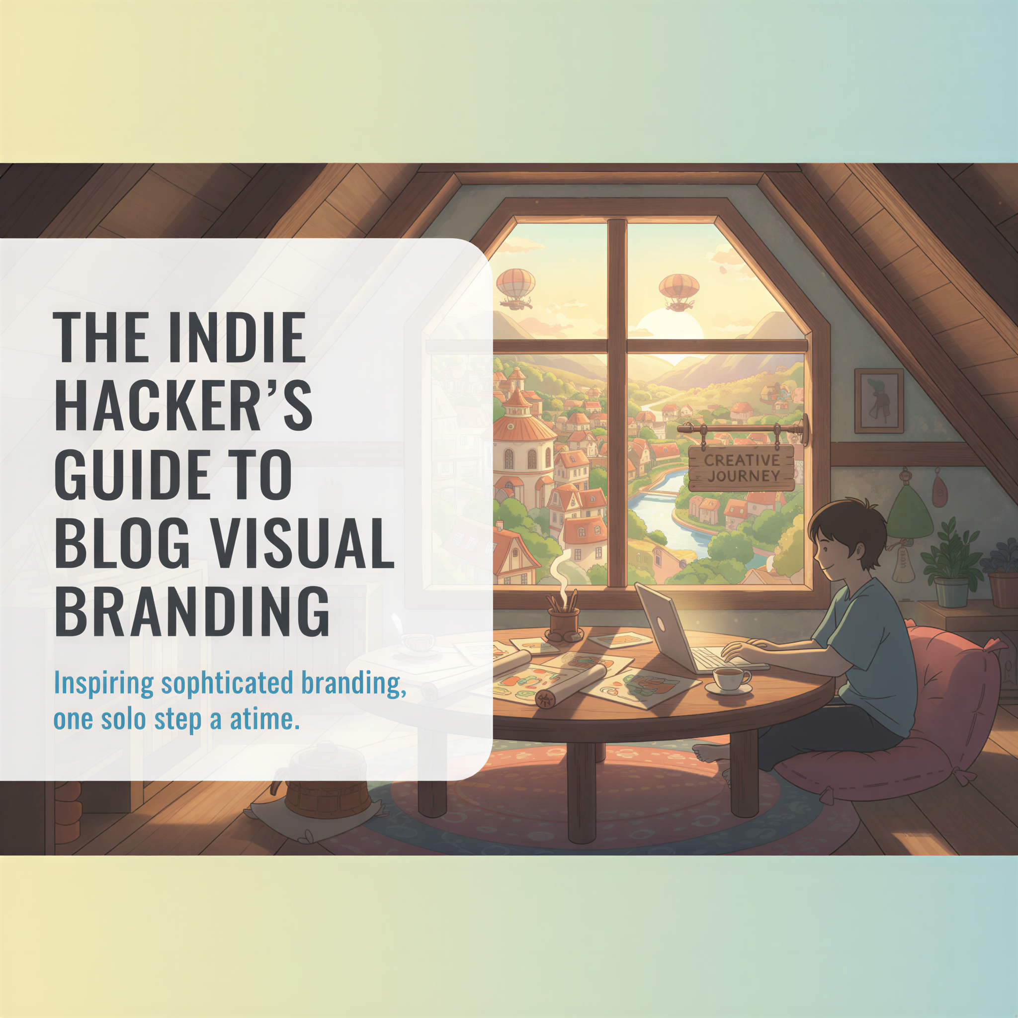 Studio Ghibli style illustration of a focused indie hacker overlooking a beautifully branded blog layout, emphasizing visual identity.