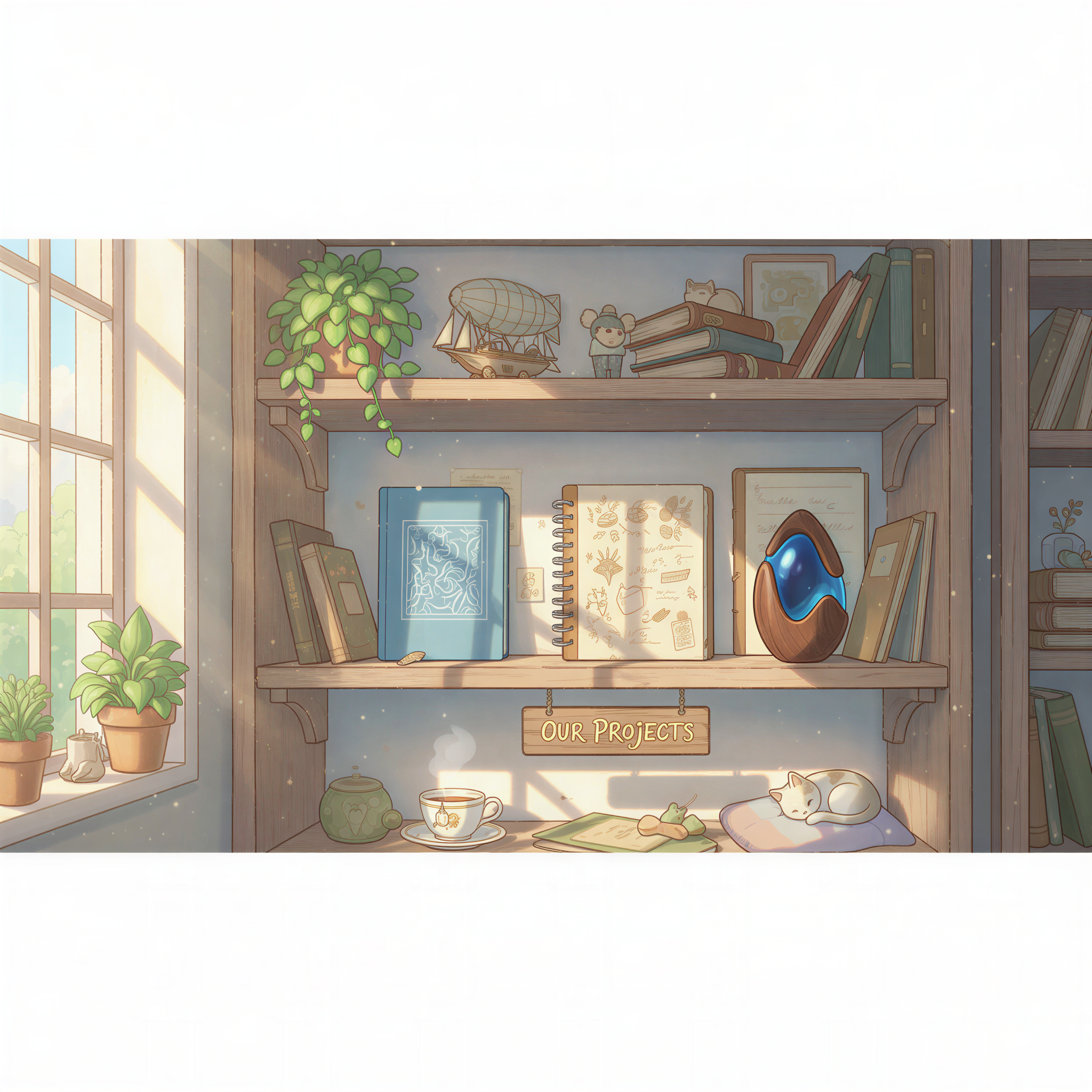 Studio Ghibli aesthetic illustration. Imagine a perfectly organized, sun-drenched wooden shelf in a cozy room. On the shelf sit three distinct, beautifully rendered objects representing famous blogs (e.g., a minimalist blue sketchbook for Linear, a warm-toned, hand-drawn journal for Notion, and an object with subtle, glowing deep blue accents for Vercel). These objects are unified by the surrounding environment's warm, inviting pastel lighting and natural wood textures, symbolizing successful branding.