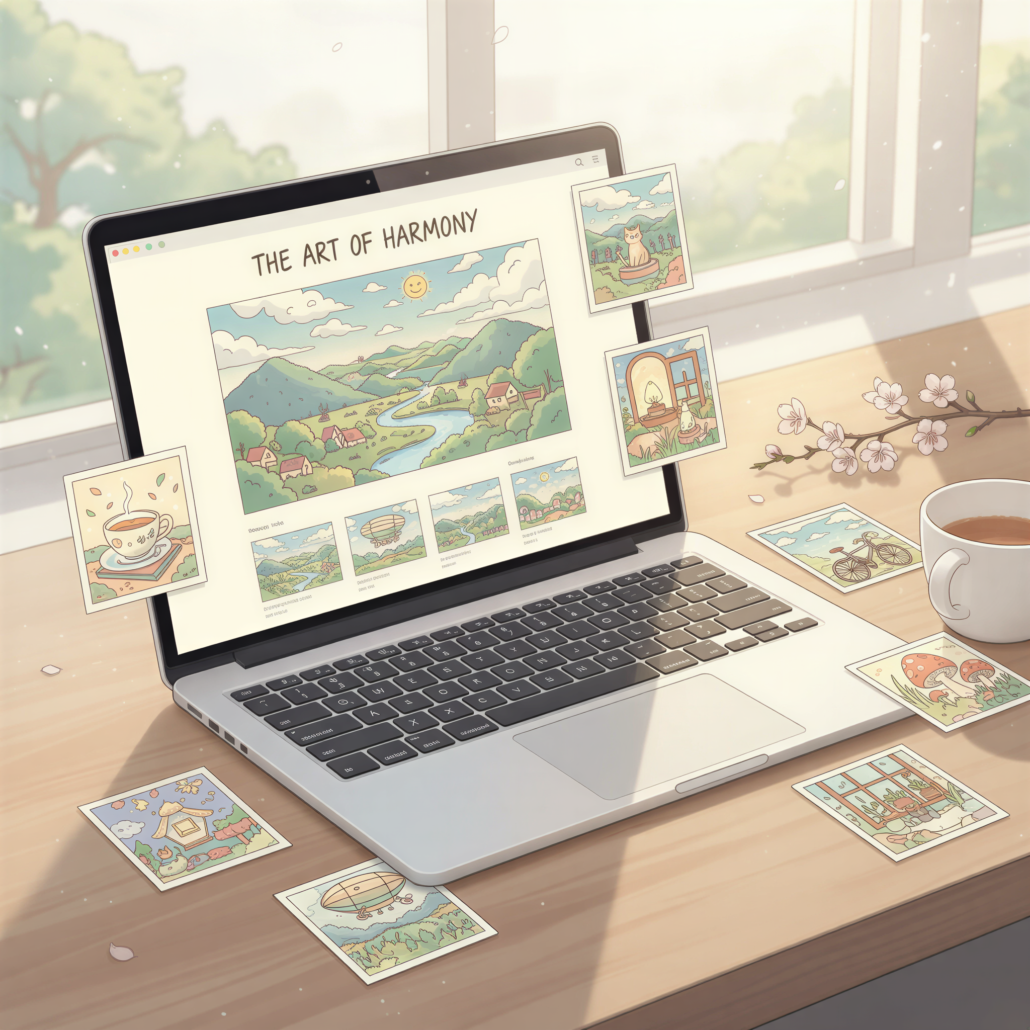A slightly elevated view of an open, clean, minimalist laptop displaying a blog. Around the laptop are several small, perfectly matching illustration thumbnails (all sharing the same soft pastel color palette and whimsical drawing style). The lighting is bright and encouraging, like a clear morning. The core visual message is perfect visual consistency and harmony across different articles.