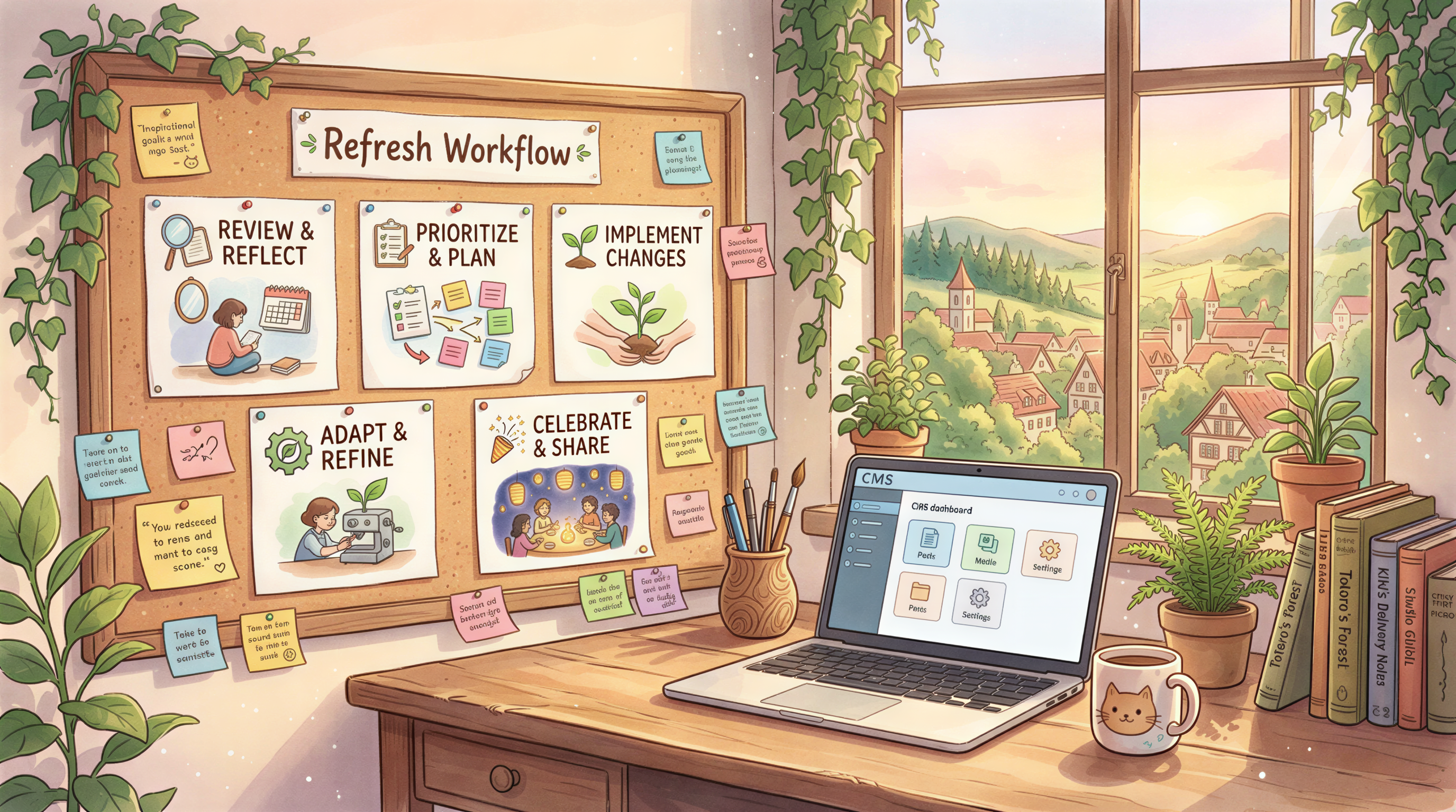 Workflow board detailing steps: Audit images, Generate replacements, Replace in CMS, Update metadata, Re-submit