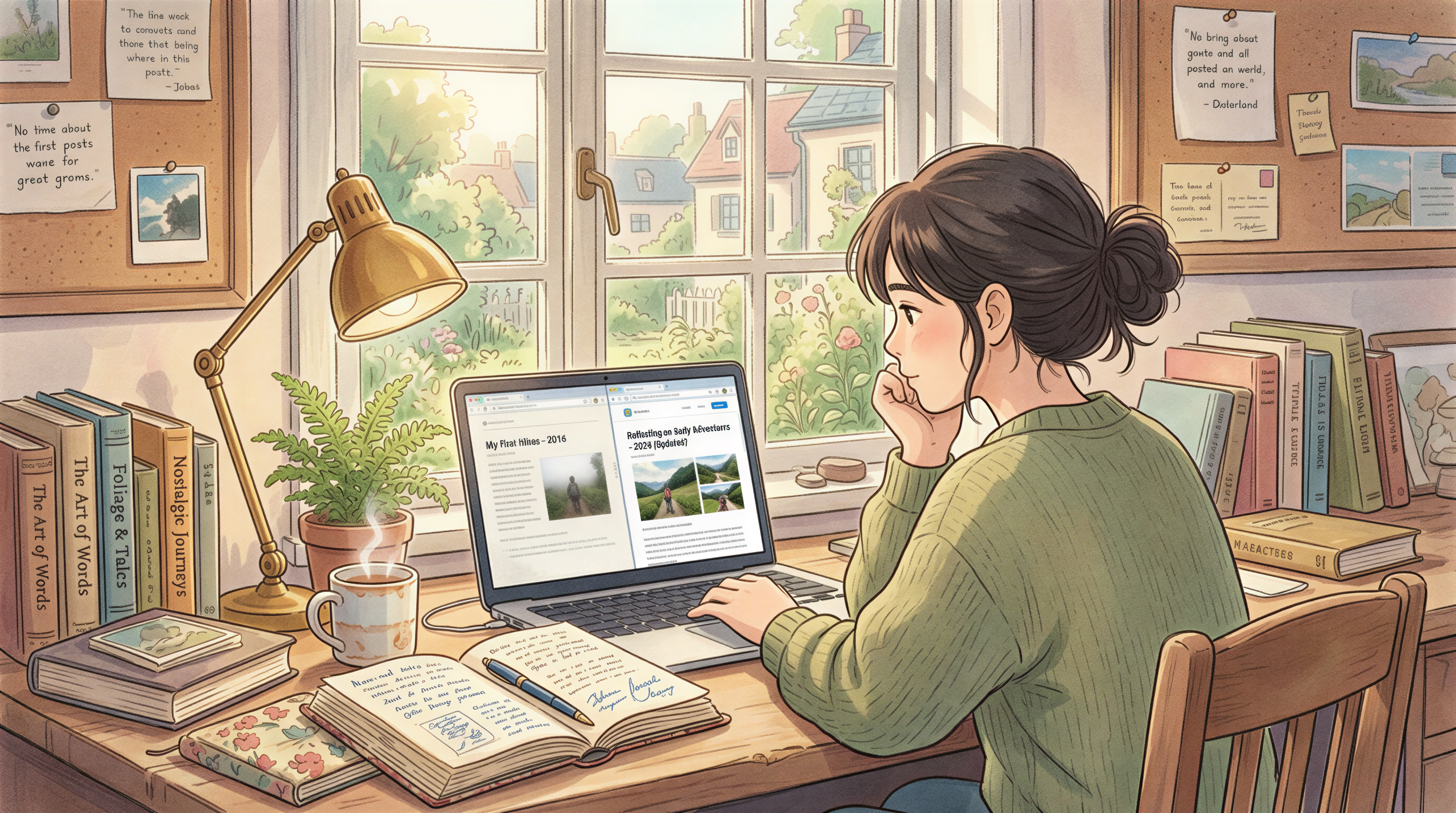 Illustration showing old blog posts counting as valuable assets in a cozy studio