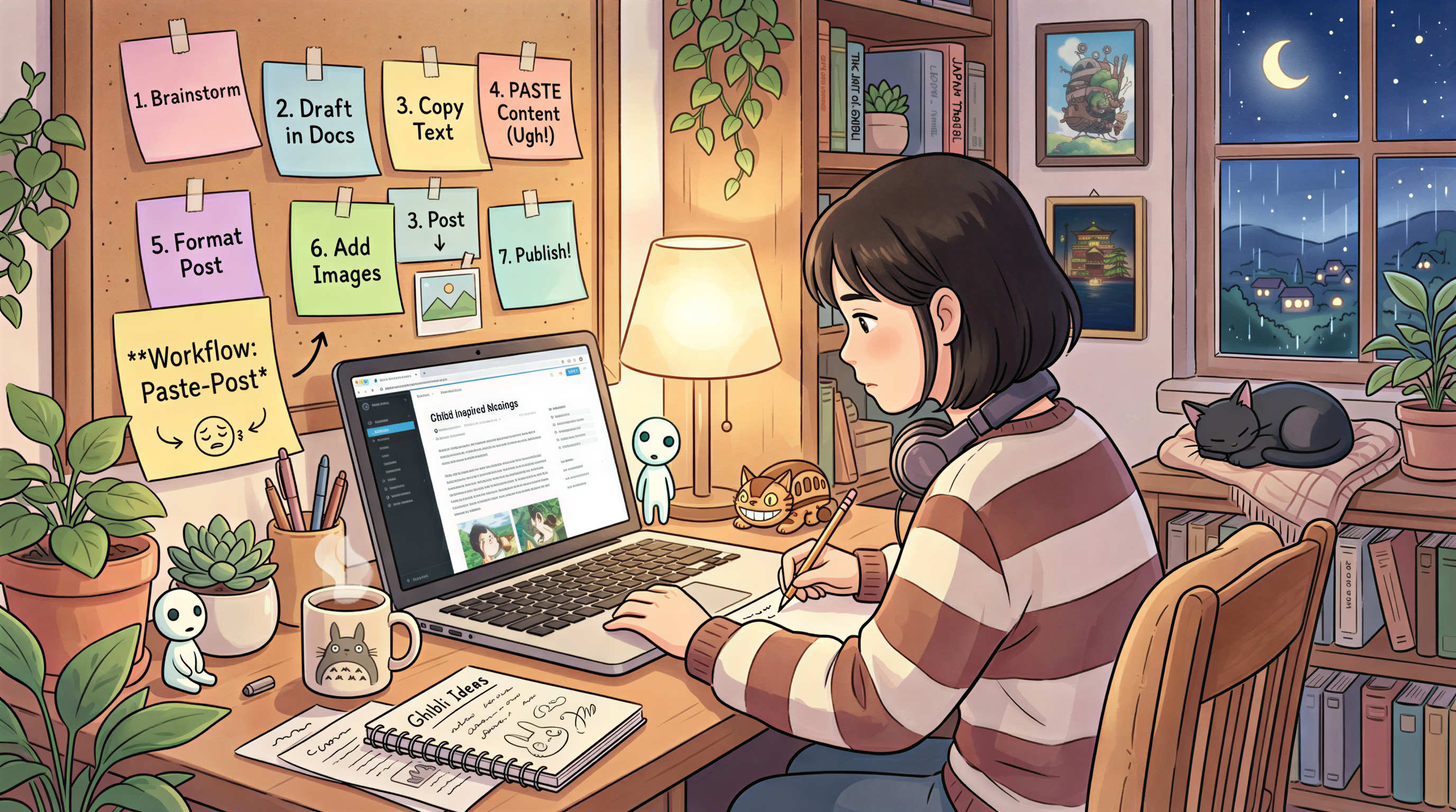 Blogging setup highlighting Firefly limitations for bloggers in a cozy Studio Ghibli scene