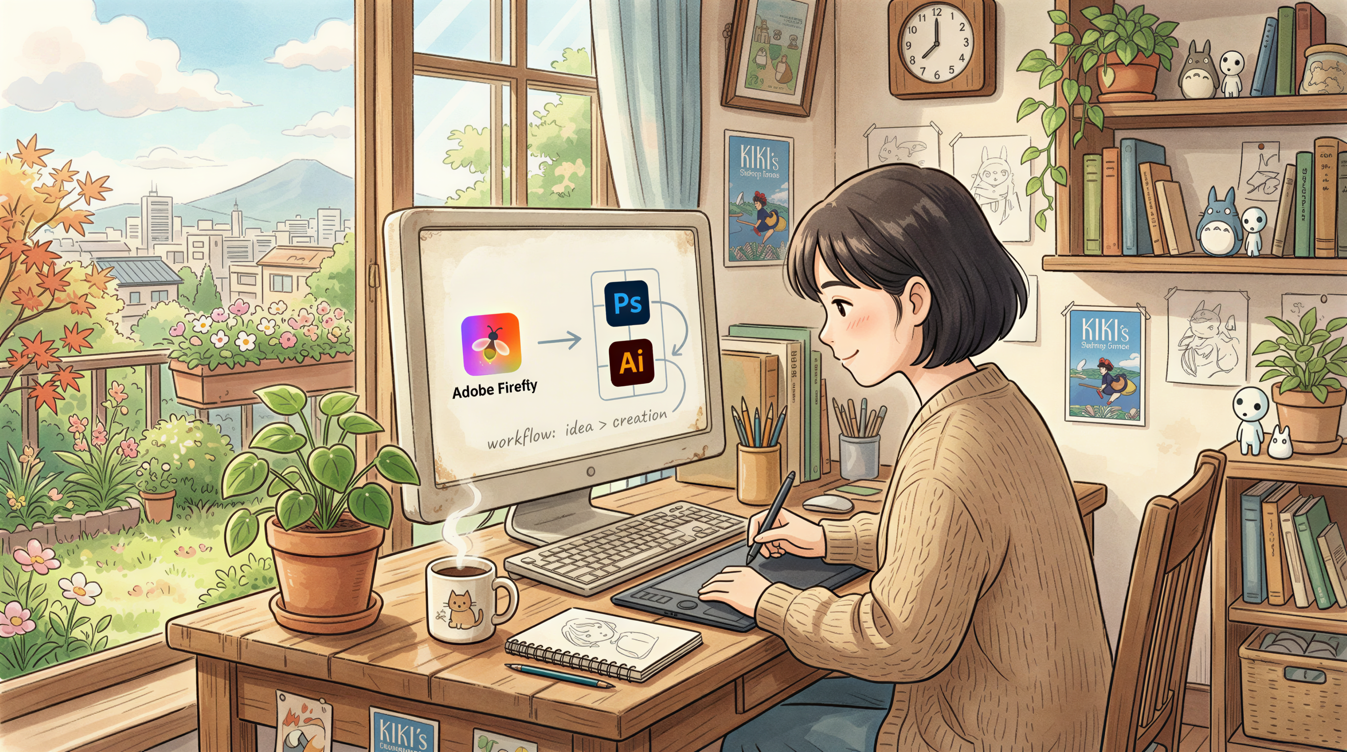 Studio Ghibli-inspired desk scene illustrating Firefly optimizing workflows inside Creative Cloud