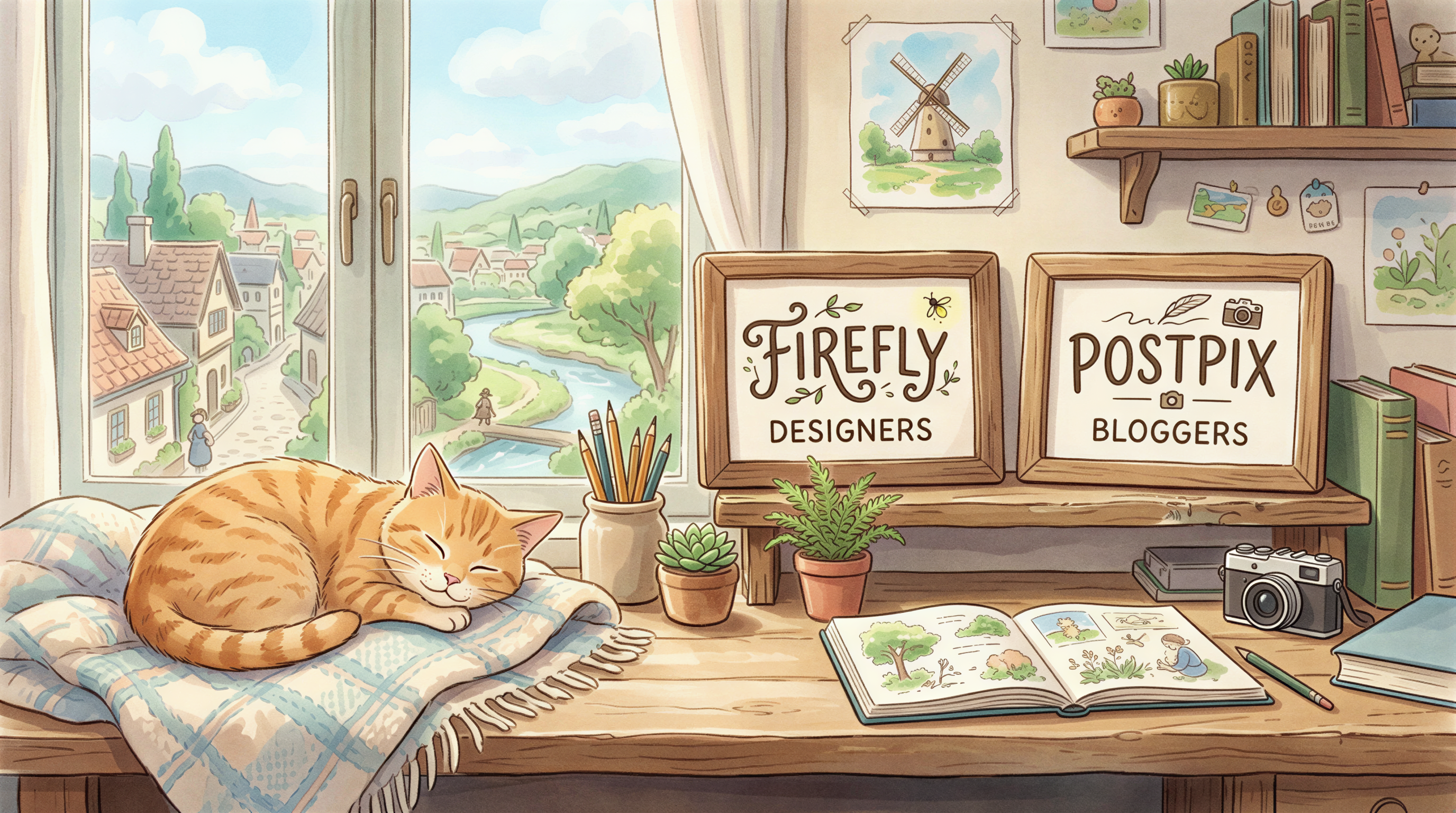 Calm Studio Ghibli scene summarizing the verdict for Firefly vs Postpix for designers and bloggers