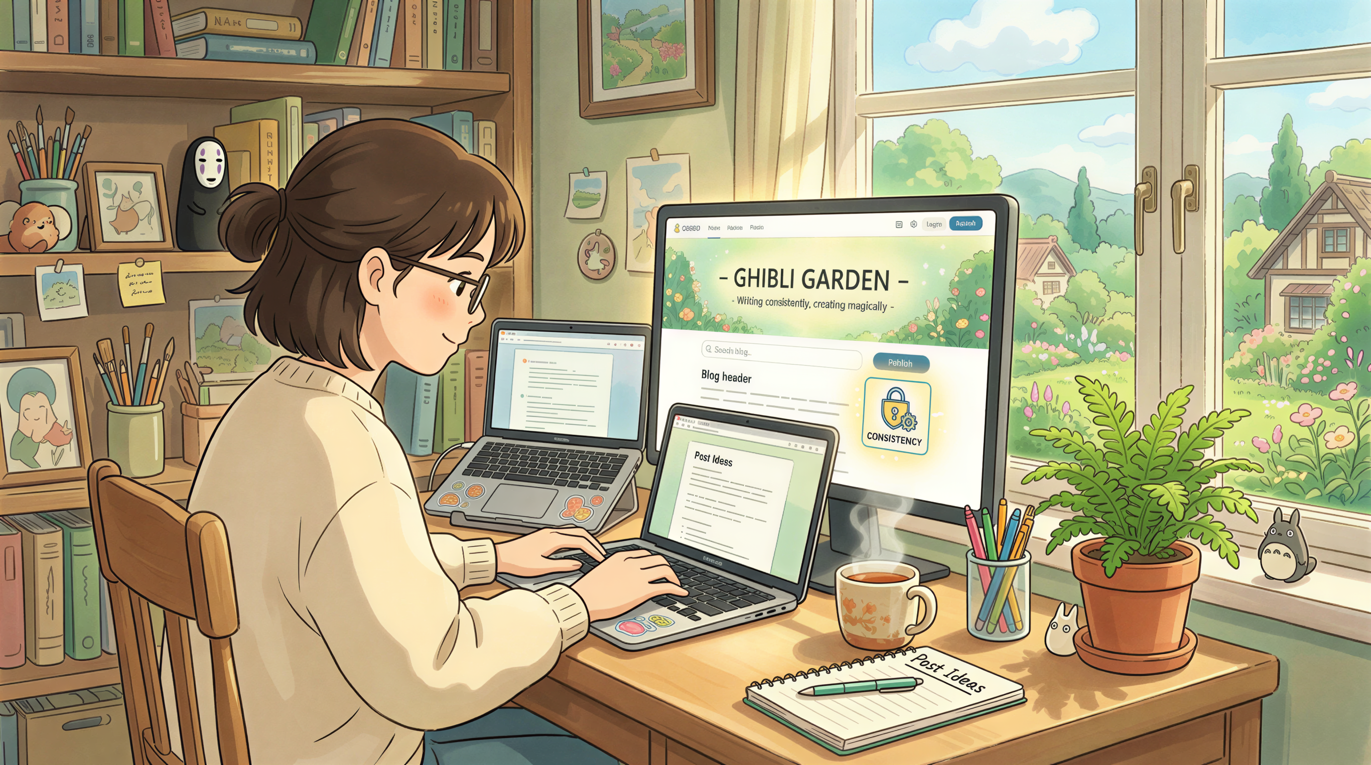 Blog header generation and consistent styles emphasized with Postpix in Studio Ghibli style