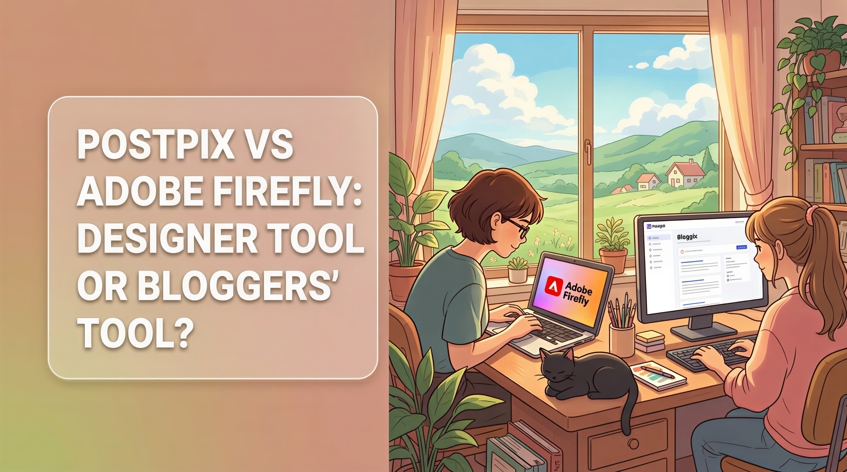 Comparison banner for Postpix vs Adobe Firefly showing designer vs blogger workflows in a cozy Studio Ghibli style