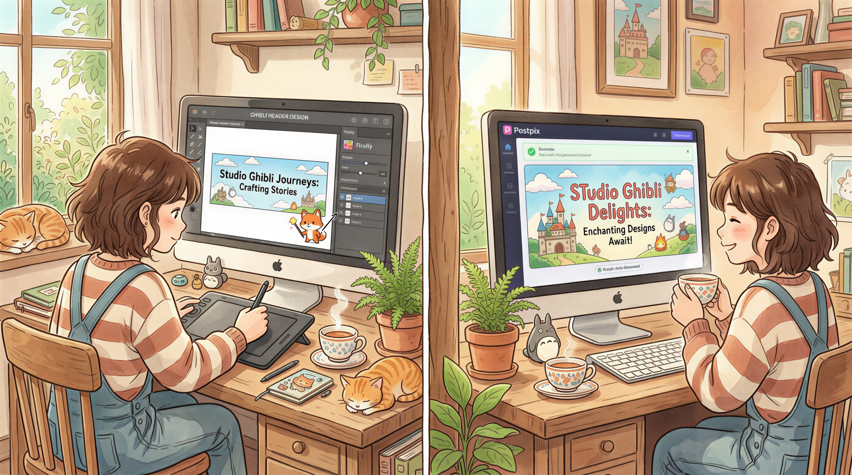 Side-by-side header workflow Firefly vs Postpix in Studio Ghibli setting